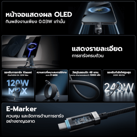 สายชาร์จ CUKTECH CTC620P สีดำ 6A 240W สายชาร์จมีจอ USB-C TO USB-C รองรับชาร์จเร็ว PD3.1_2